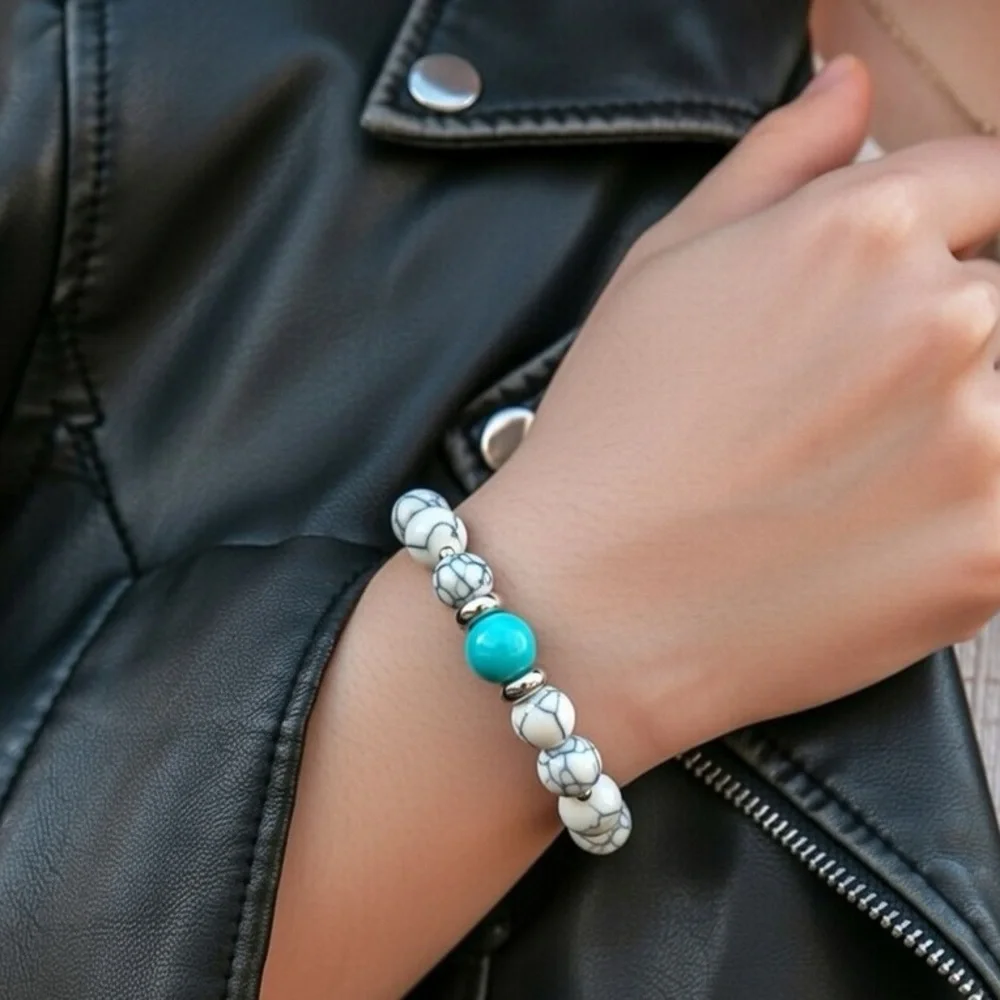 Turquoise 10mm Stone Beaded Bracelet 8mm White Howlite Handmade Stretchy Boho